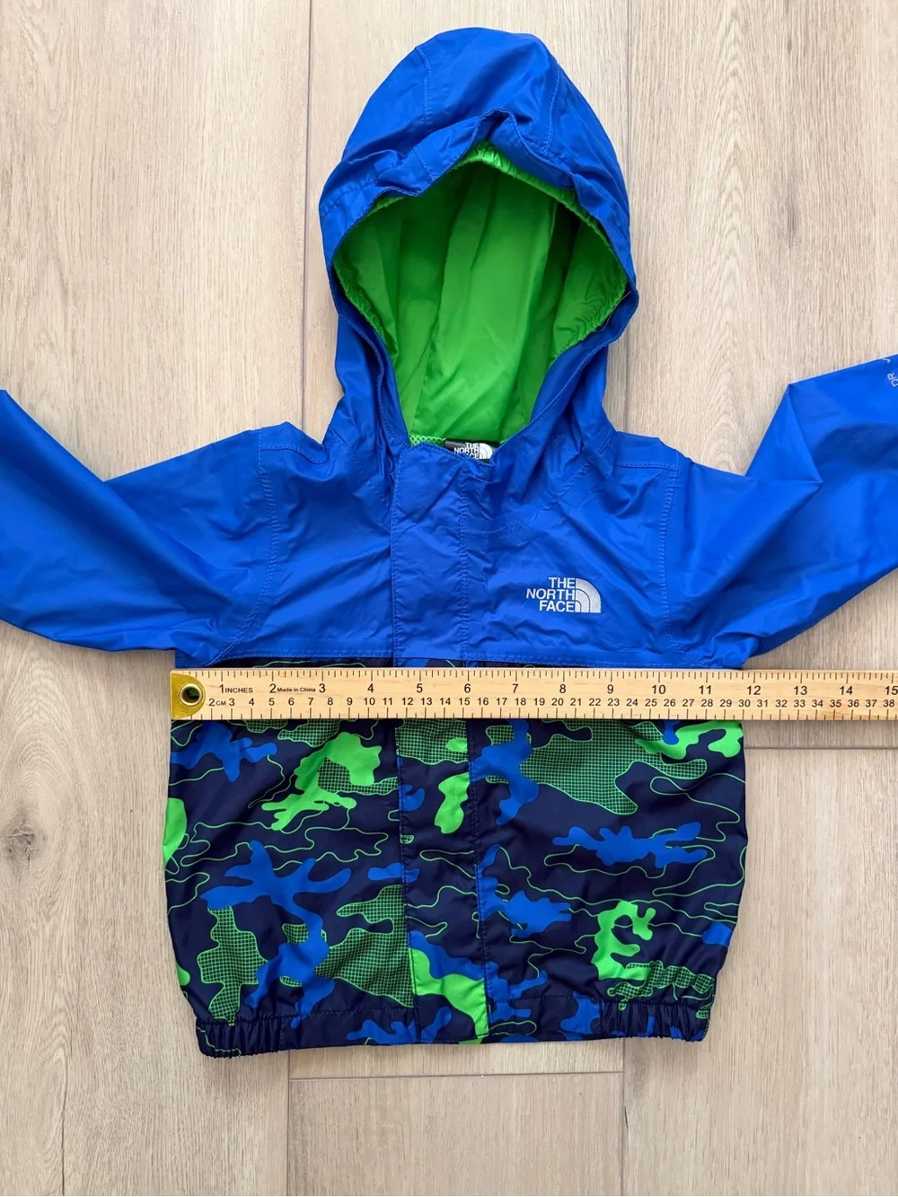 The North Face Royal Blue Hooded Jacket with Green Camo Panels